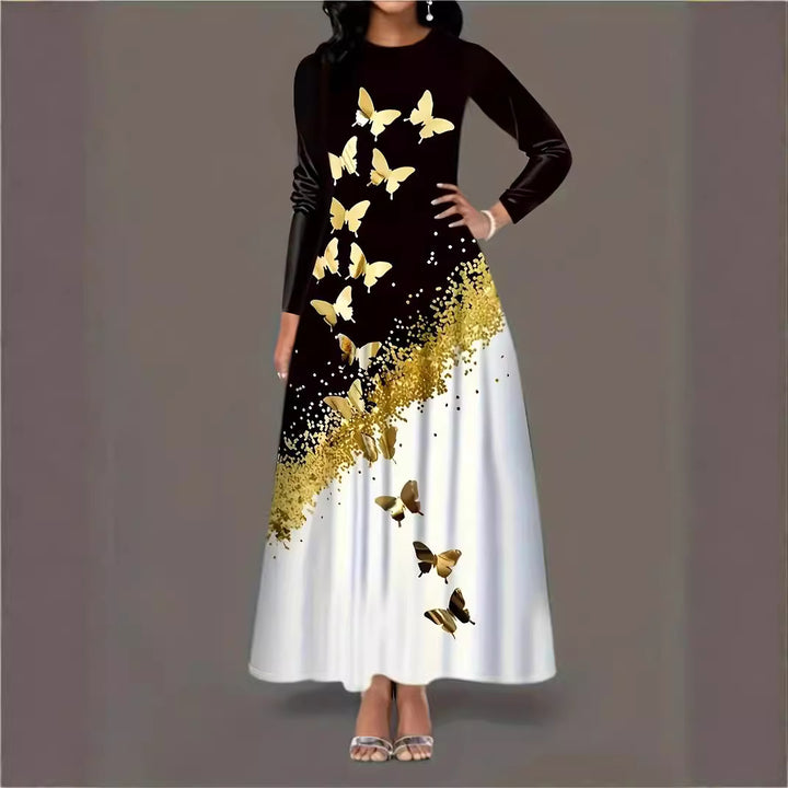 Damen Maxikleid mit elegantem Schmetterlingsmuster und funkelndem Goldakzent Drune