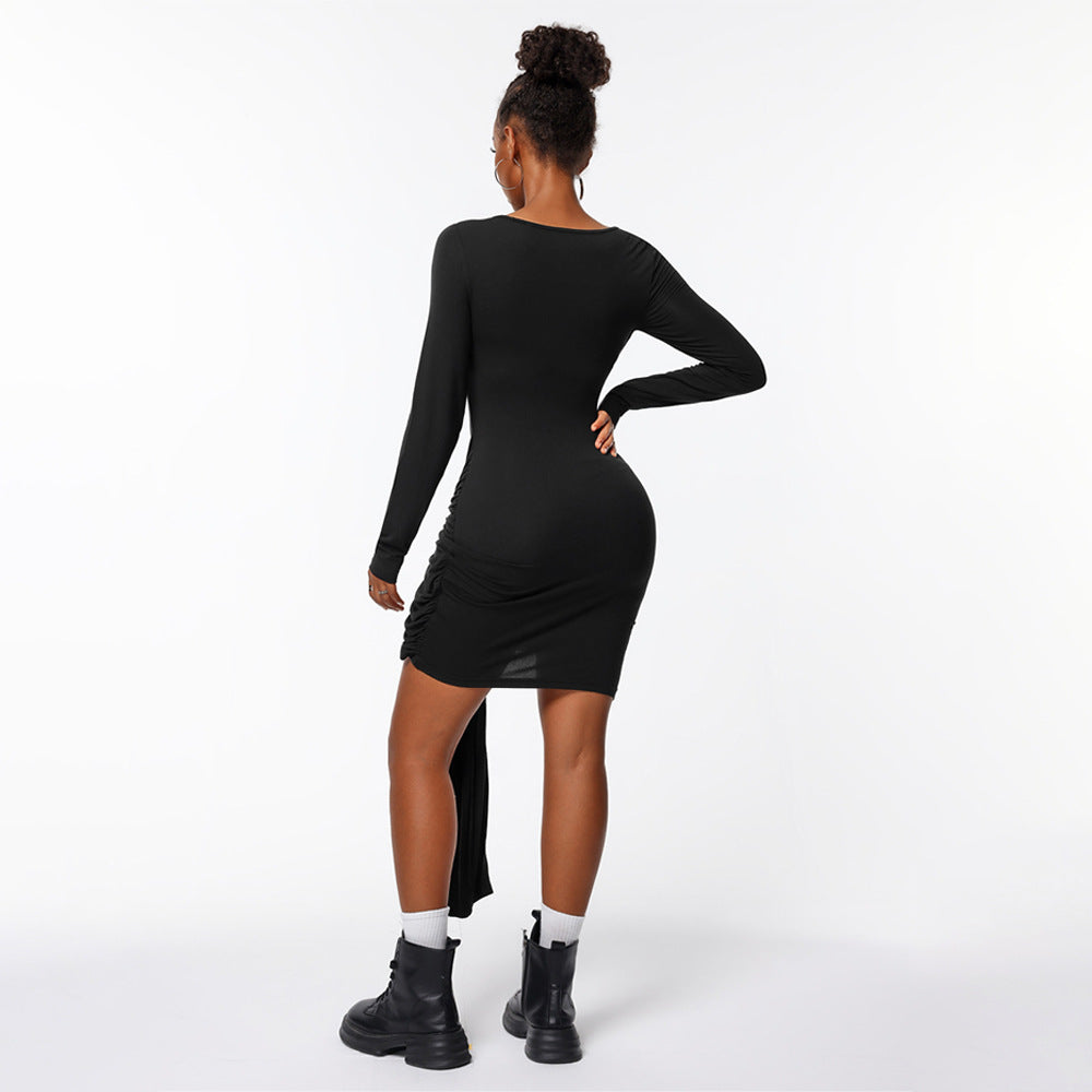 Damen figurbetontes Minikleid mit asymmetrischer Knotendrapierung, taillierter Raffung und langem Ärmelschal Drune