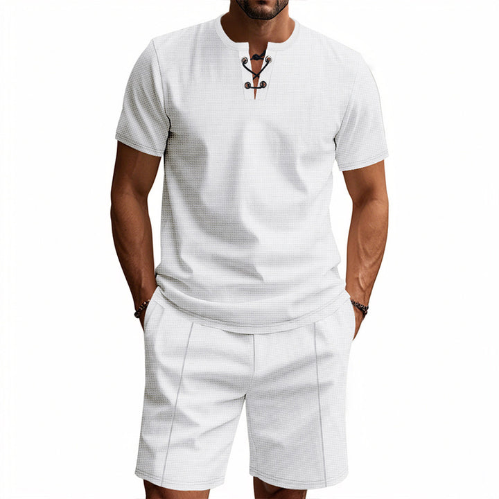 Herren nan kurzärmeliges Schnürkragen-Shirt im Waffeljersey mit Bundfalten-Bermuda Drune