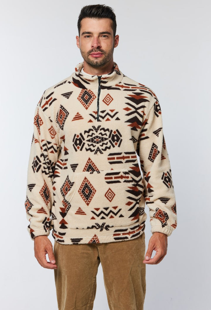 Herren Gemütlicher Fleece-Pullover mit halbem Reißverschluss und geometrischem Muster Drune