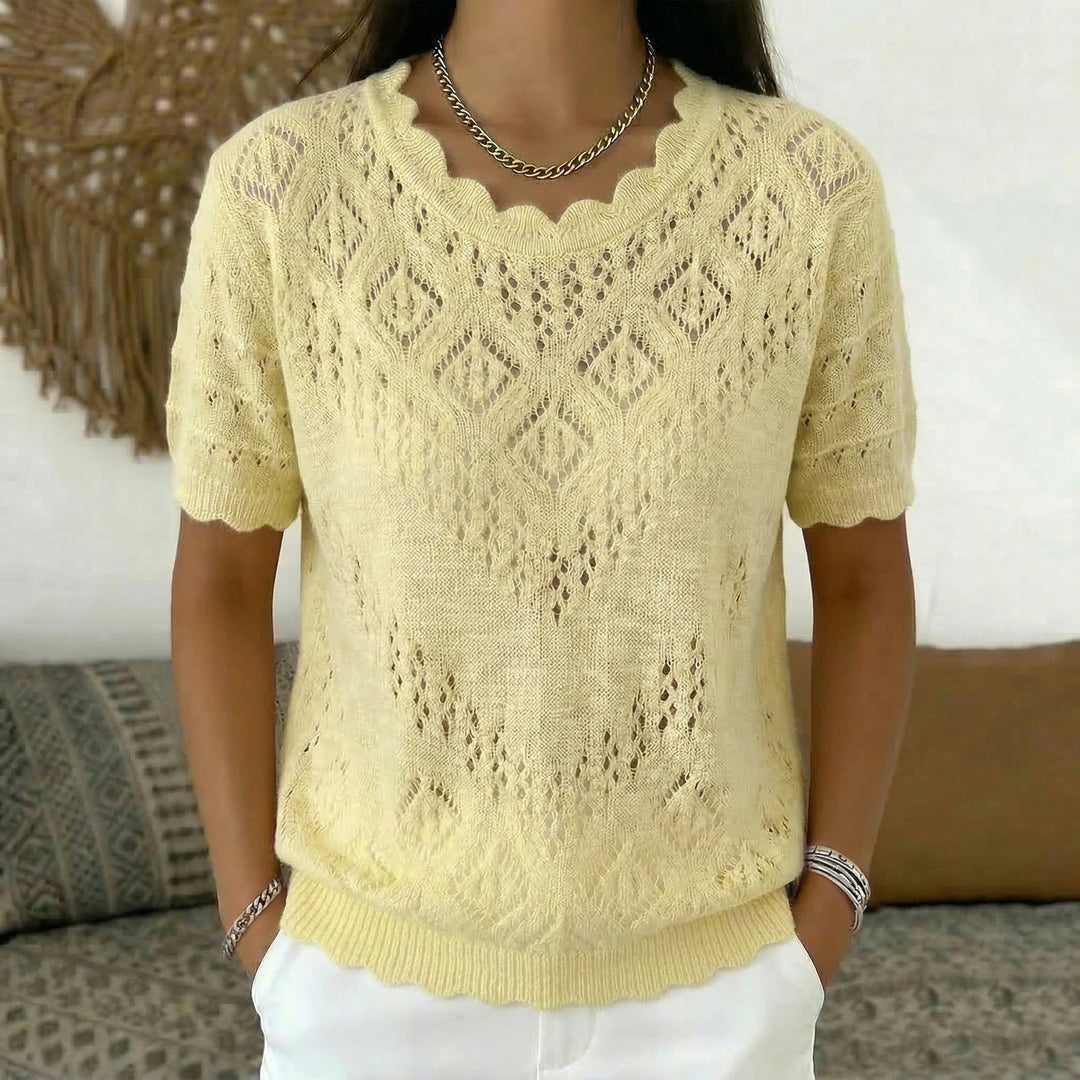 Damen nan kurzärmeliger Spitzenstrickpullover mit Ajourmuster und geschwungenem Ausschnitt Drune