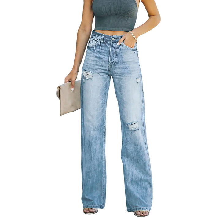 Damen Hochtaillierte weite Straight-Leg-Jeans mit Destroyed-Details Drune