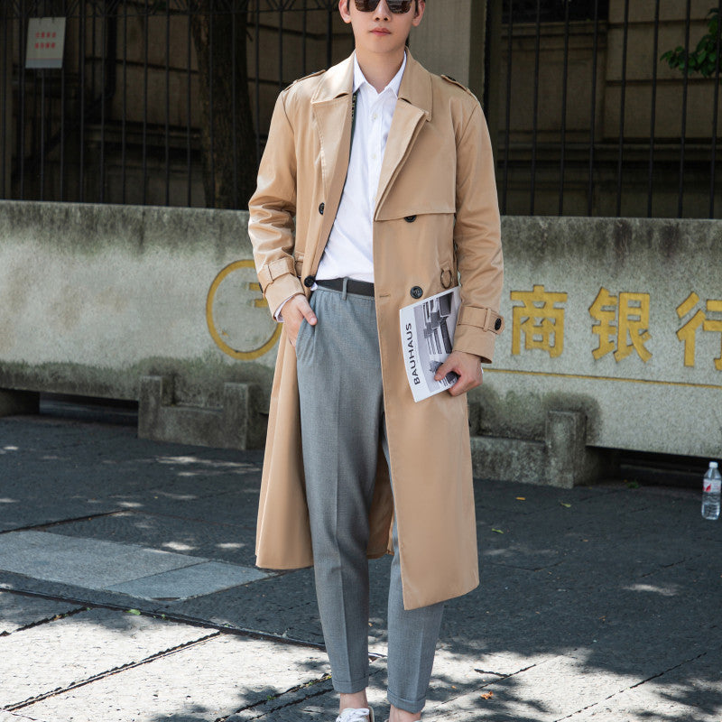 Herren langer doppelreihiger Trenchcoat mit Sturmklappe und D-Ring-Details Drune