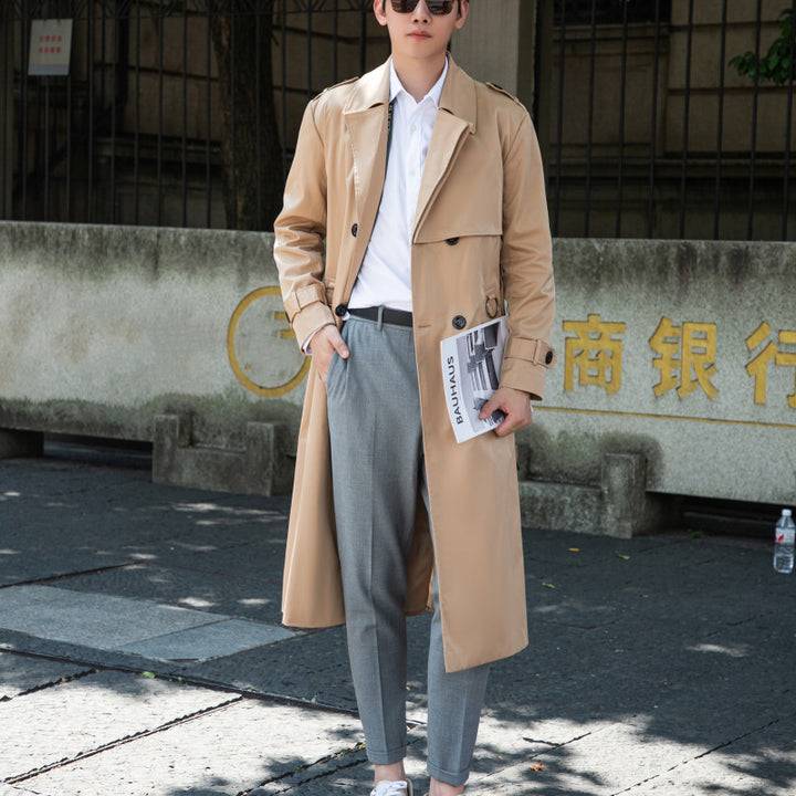 Herren langer doppelreihiger Trenchcoat mit Sturmklappe und D-Ring-Details Drune