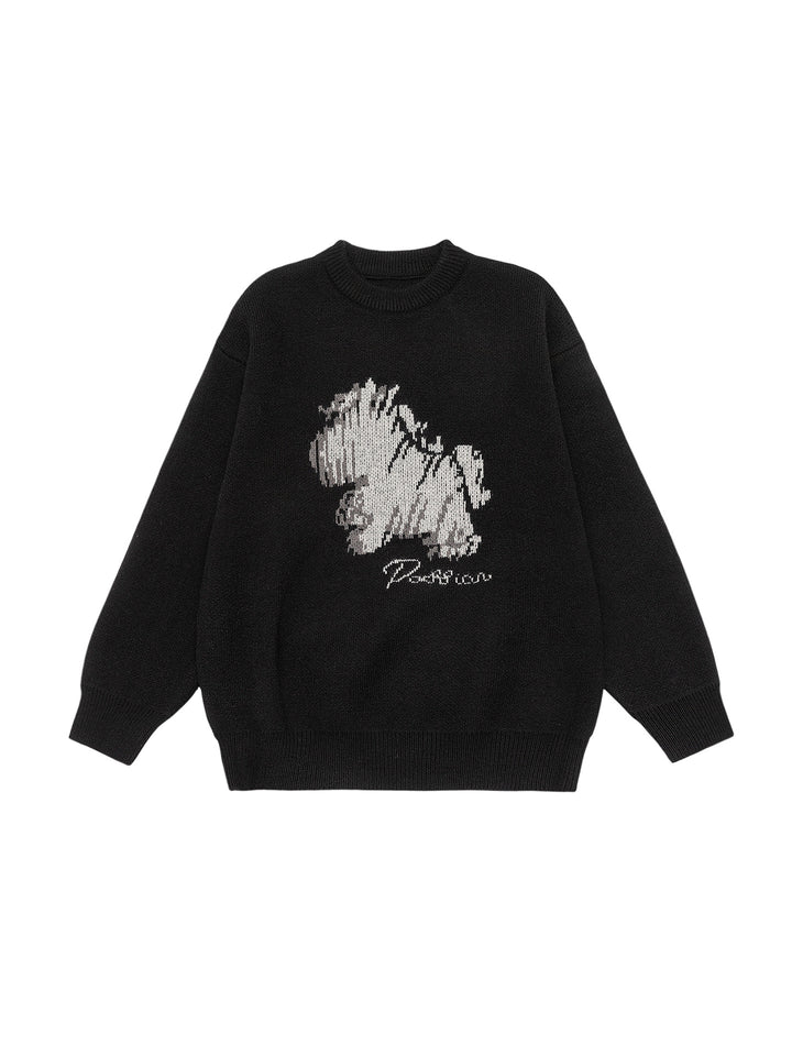 Damen Oversize-Strickpullover mit Jacquard-Hundemotiv und geripptem Saum Drune