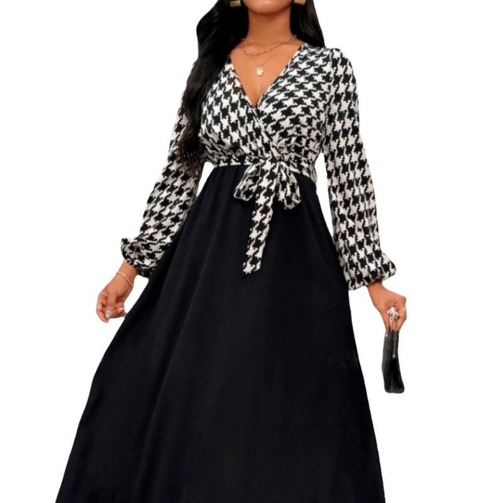 Damen Maxi-Kleid mit Kreuzverschluss und elegantem Hahnentrittmuster Drune