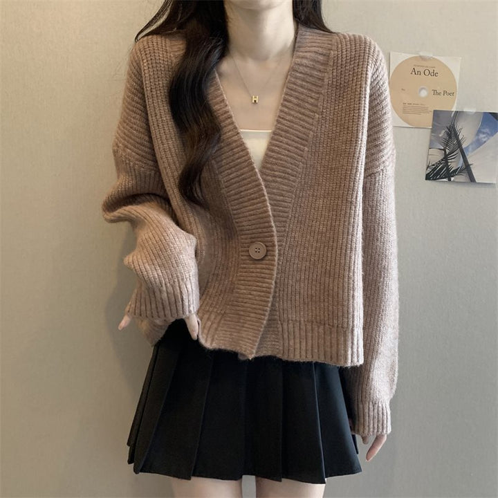 Damen lockere Strickjacke mit V-Ausschnitt und großen Knöpfen Drune