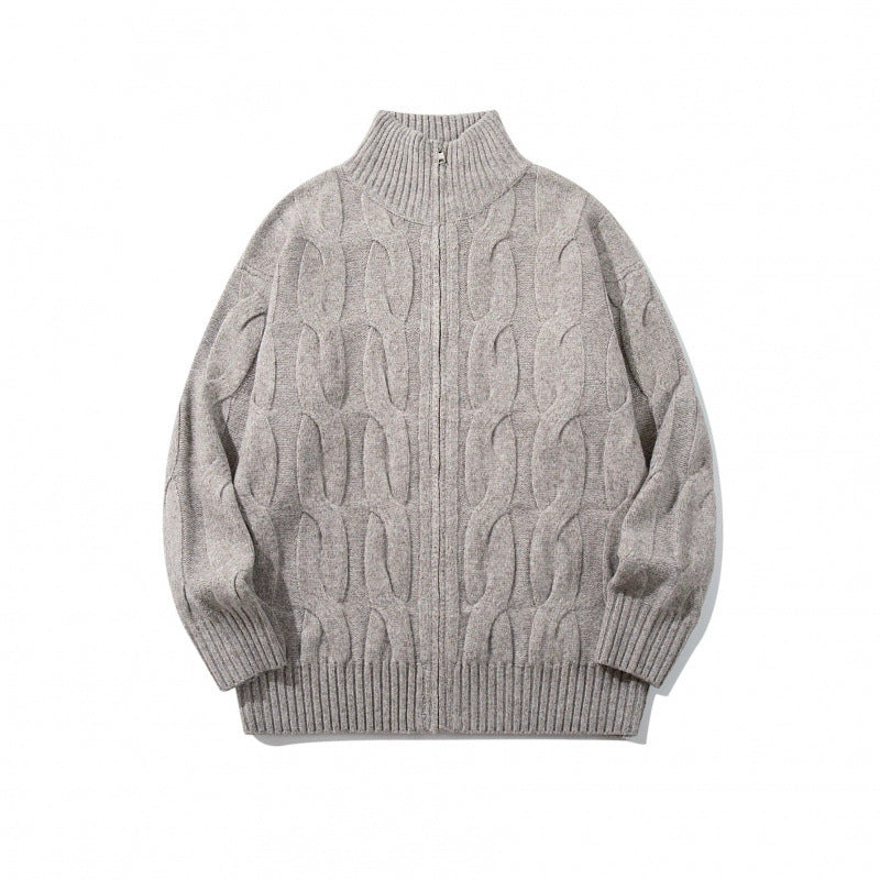 Unisex Grobgestrickter Reißverschluss-Cardigan mit Zopfmuster und hohem Rippkragen Drune