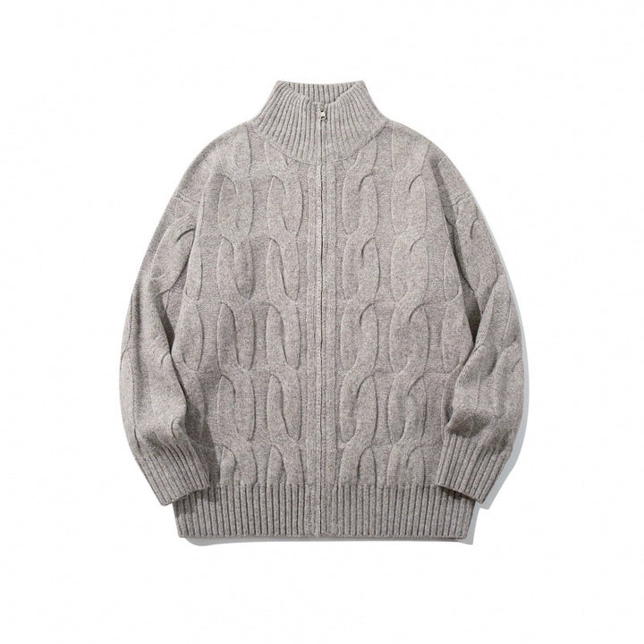 Unisex Grobgestrickter Reißverschluss-Cardigan mit Zopfmuster und hohem Rippkragen Drune
