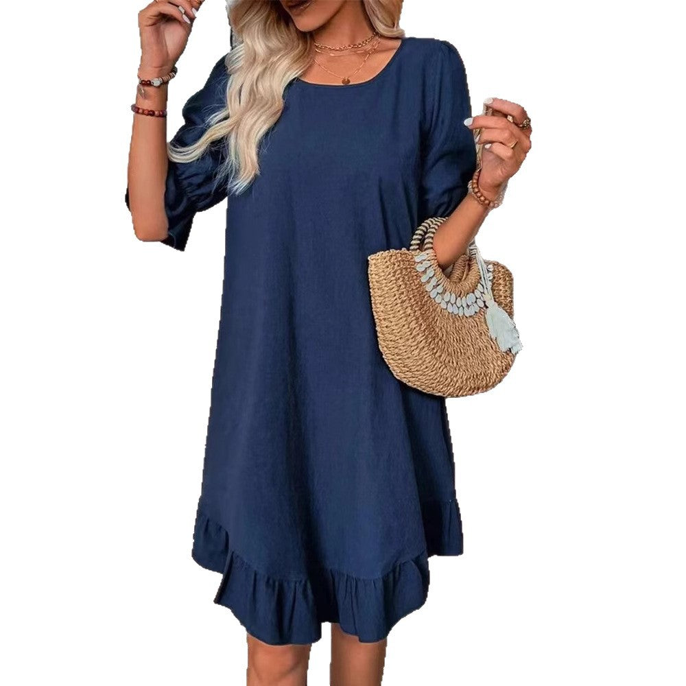 Damen nan legeres A-Linien-Kleid mit Volant-Saum und Dreiviertel-Ärmeln aus Leinenmix Drune
