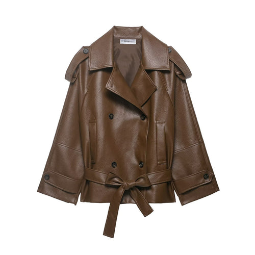 Damen Kurzer Trenchcoat in Lederoptik mit doppelreihiger Knopfleiste, Schulterklappen und Taillengürtel Drune