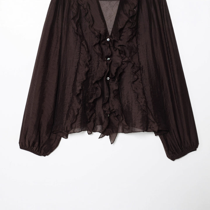 Damen nan zarte Volantbluse aus Crinkle-Chiffon mit Stehkragen und Ballonärmeln Drune