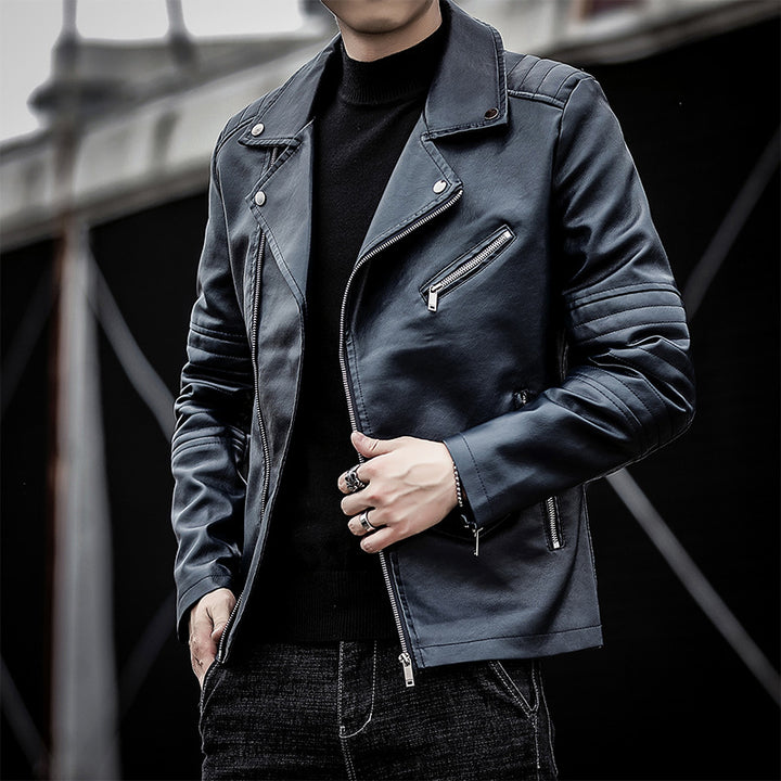 Herren schmal geschnittene Kunstleder-Motojacke mit gesteppter Schulter- und Ärmeldetail Drune
