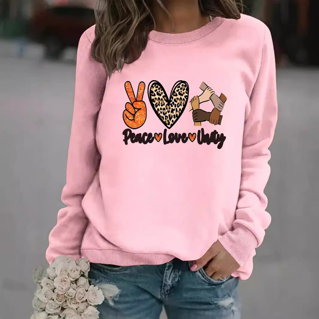 Damen Sweatshirt mit kreativem Peace, Love & Unity Motiv Drune
