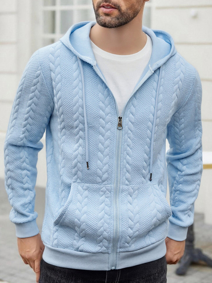 Herren strukturierte Kapuzen-Sweatjacke mit Zopfmuster, durchgehendem Reißverschluss und Kängurutasche Drune