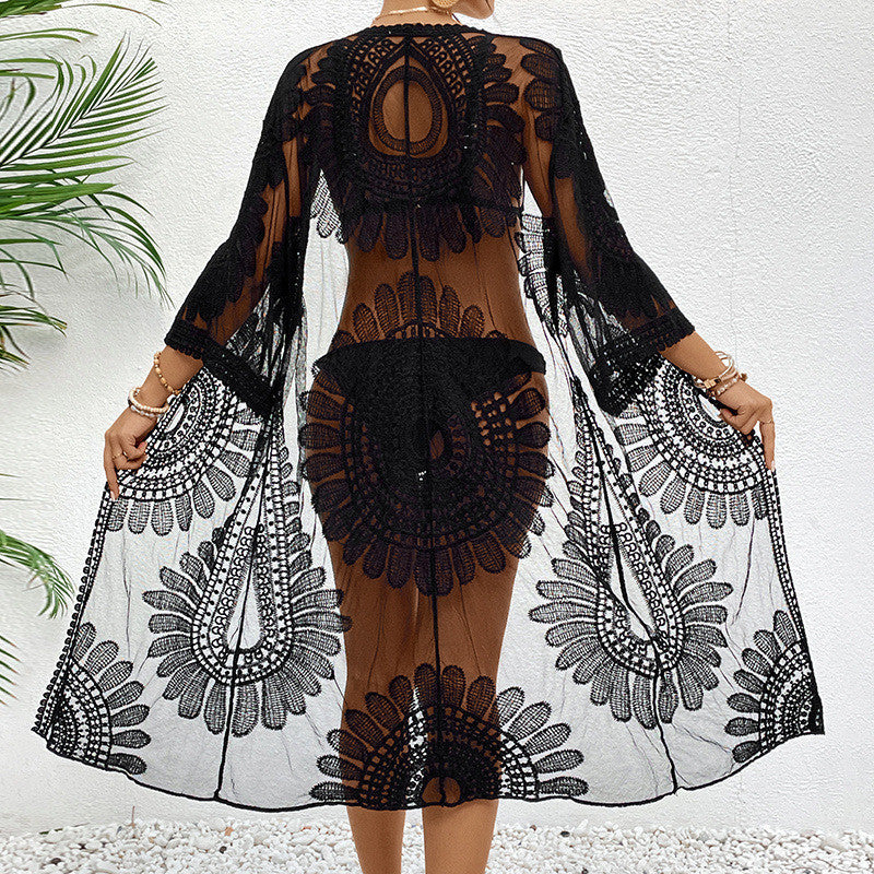 Damen transparente Häkel-Strandüberwurfjacke mit eleganten Motiven Drune