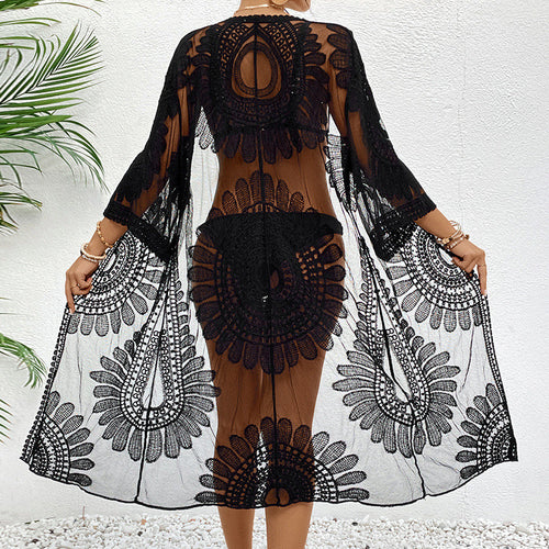 Damen transparente Häkel-Strandüberwurfjacke mit eleganten Motiven Drune