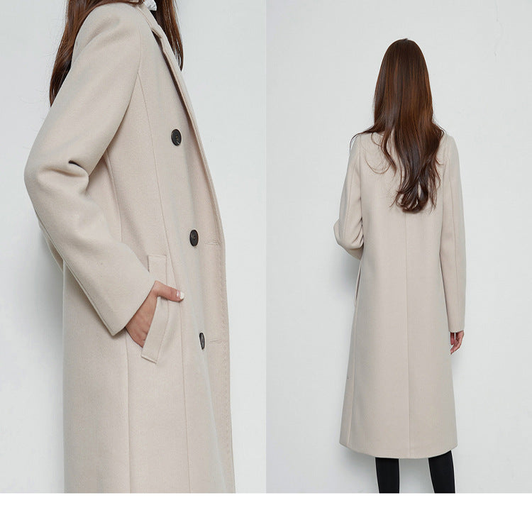 Damen Lang geschnittener Wollmix-Mantel im minimalistischen Doppelreiher mit tiefem Revers Drune