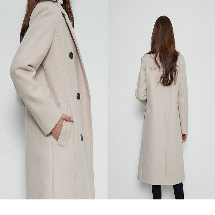 Damen Lang geschnittener Wollmix-Mantel im minimalistischen Doppelreiher mit tiefem Revers Drune