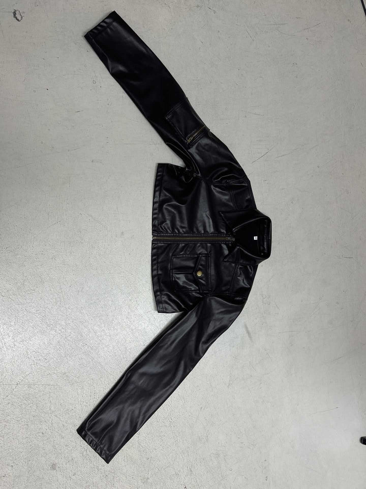 Damen Kurzgeschnittene Lederjacke im Bikerstil mit Hemdkragen und aufgesetzter Brusttasche Drune