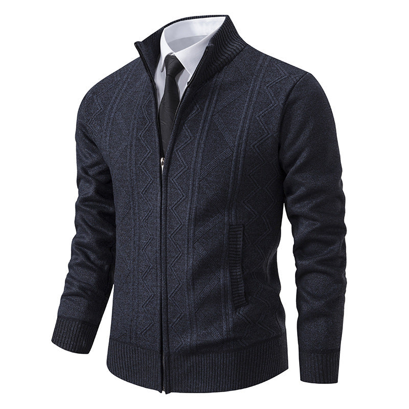 Herren Strukturiertes Feinstrick-Zipcardigan mit Stehkragen und geometrischem Zopfmuster Drune