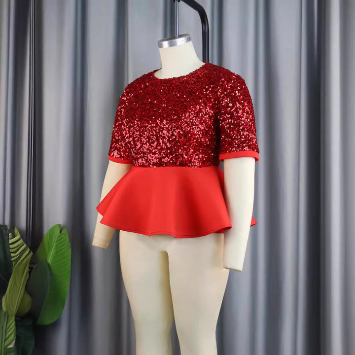 Damen elegantes Glitzeroberteil mit schwingendem Peplum Drune