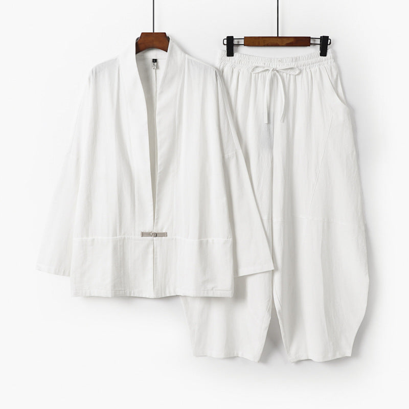 Herren Kimono-Loungewear-Set mit kurzem Schalkragen und weiten Harem-Bundhosen Drune