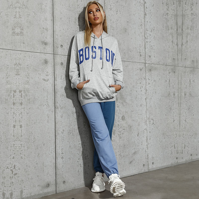 Damen Kapuzenpullover mit Collegestyle-Print, Kängurutasche und lässiger Oversize-Passform Drune