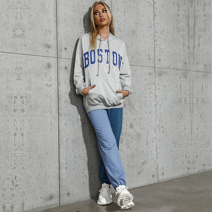 Damen Kapuzenpullover mit Collegestyle-Print, Kängurutasche und lässiger Oversize-Passform Drune