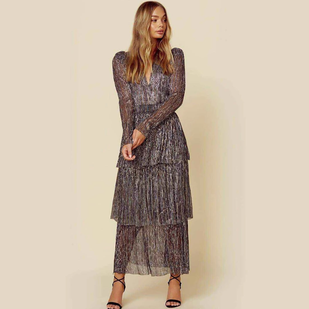 Damen Elegantes Faltenkleid mit tiefem V-Ausschnitt und schimmernden Akzenten Drune