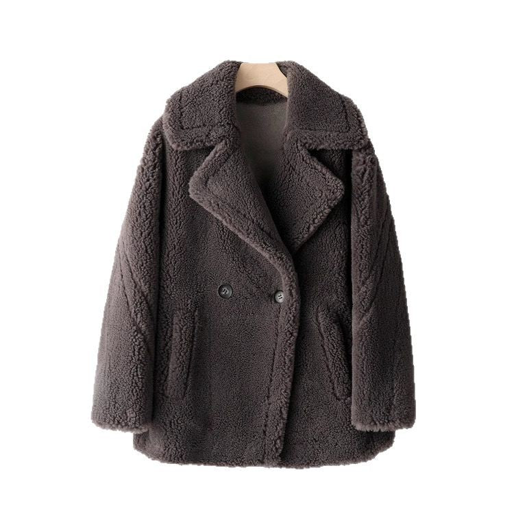 Damen kuscheliger Teddycoat mit doppelter Knopfleiste und Taschen Drune