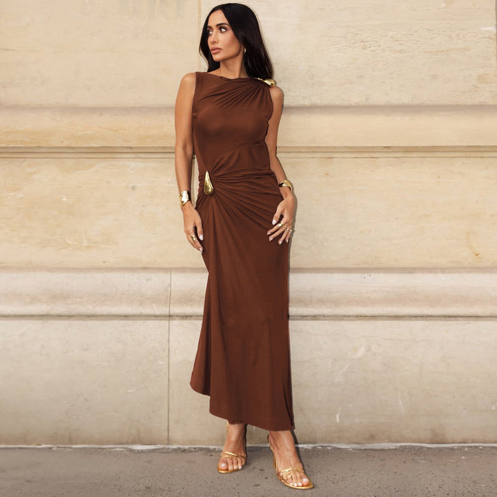 Damen Elegantes Maxikleid mit asymmetrischem Schnitt und Raffungen Drune