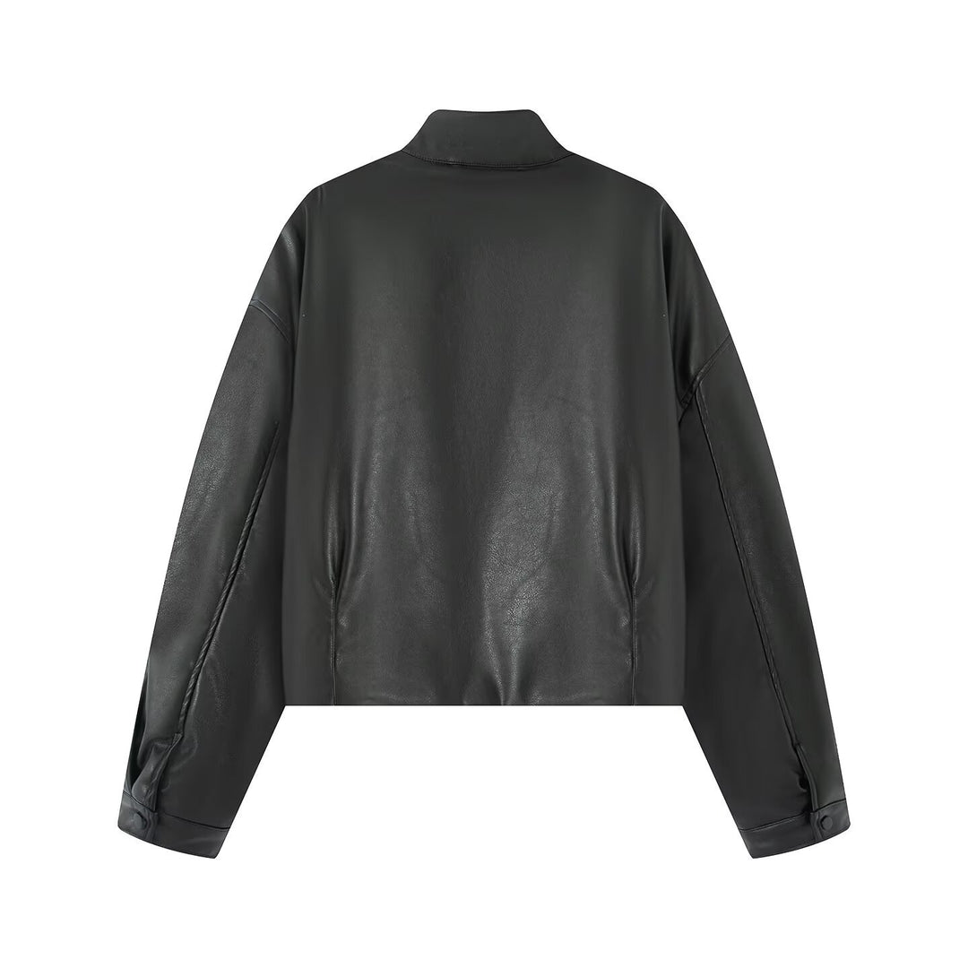 Damen Cropped Kunstleder‑Bomber mit Stehkragen, Druckknopfleiste und elastischem Bund Drune