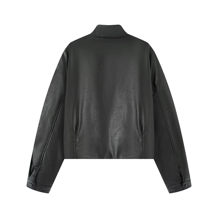 Damen Cropped Kunstleder‑Bomber mit Stehkragen, Druckknopfleiste und elastischem Bund Drune