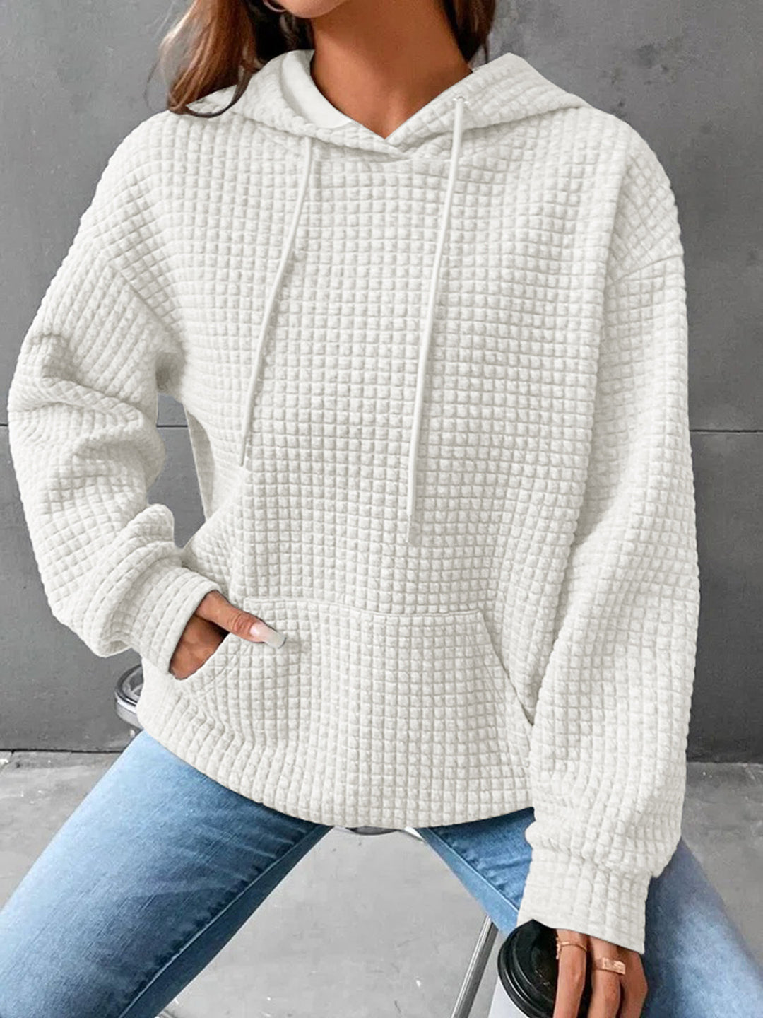 Damen Waffelstruktur Kapuzenpullover mit Kängurutasche und lässigem Schnitt Drune