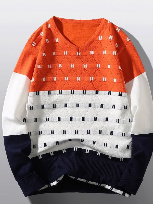 Damen modischer V-Ausschnitt Pullover mit grafischem Strukturmuster Drune