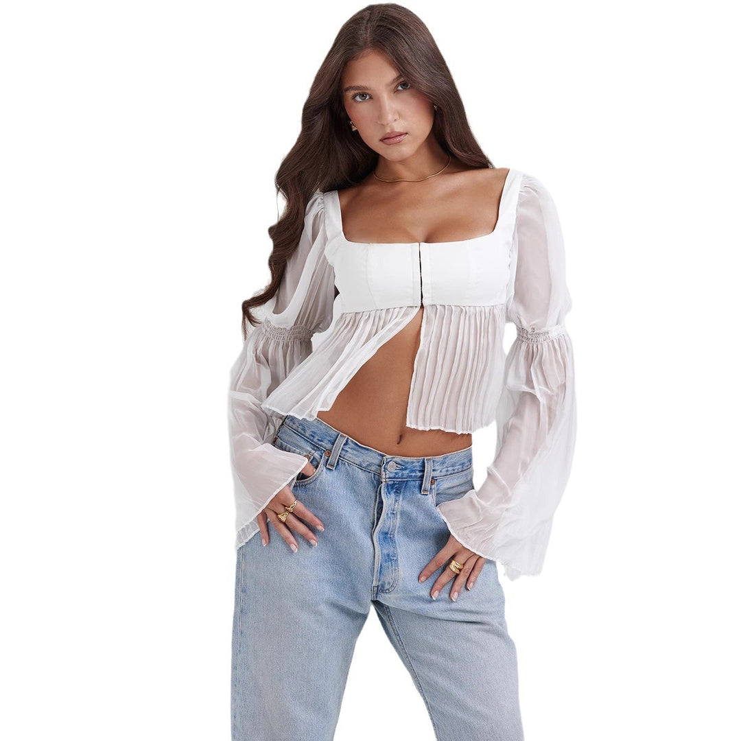 Damen Cropped Bluse mit Puffärmeln Drune