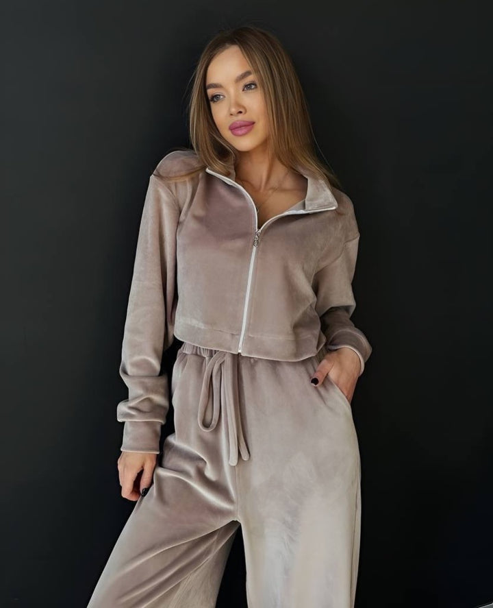 Damen gekürztes Velours-Cropped-Hoodie mit Stehkragen und elastischer High-Waist-Palazzo-Jogginghose Drune