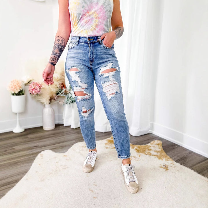 Damen High-Waist Destroyed Jeans im Boyfriend-Stil Drune