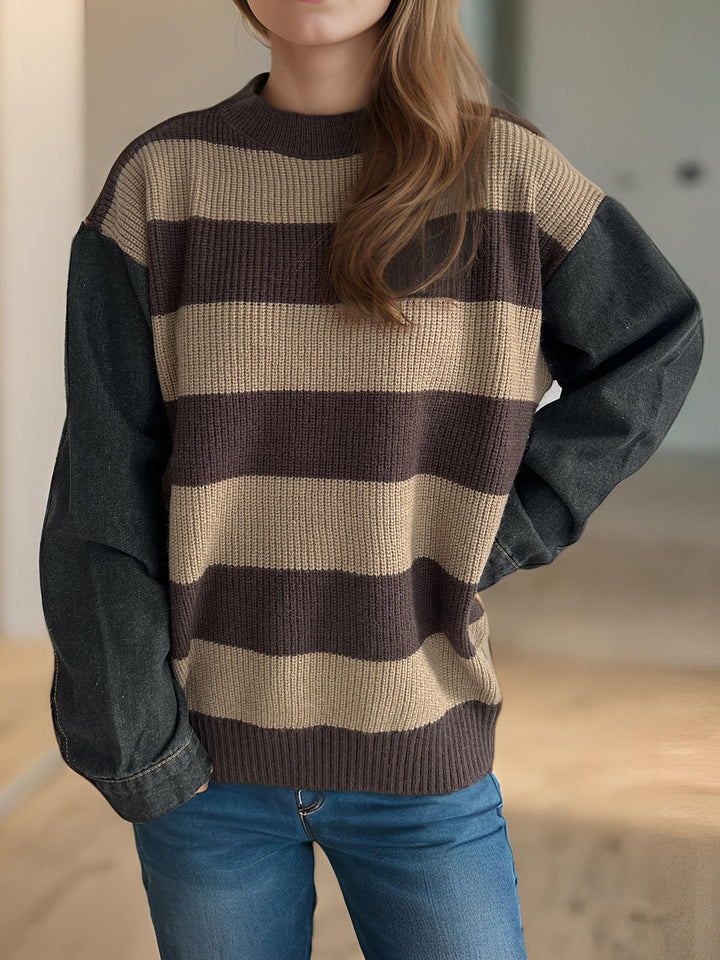 Damen lässiger Strickpullover mit auffälligem Blockstreifenmuster und weiten Ärmeln Drune