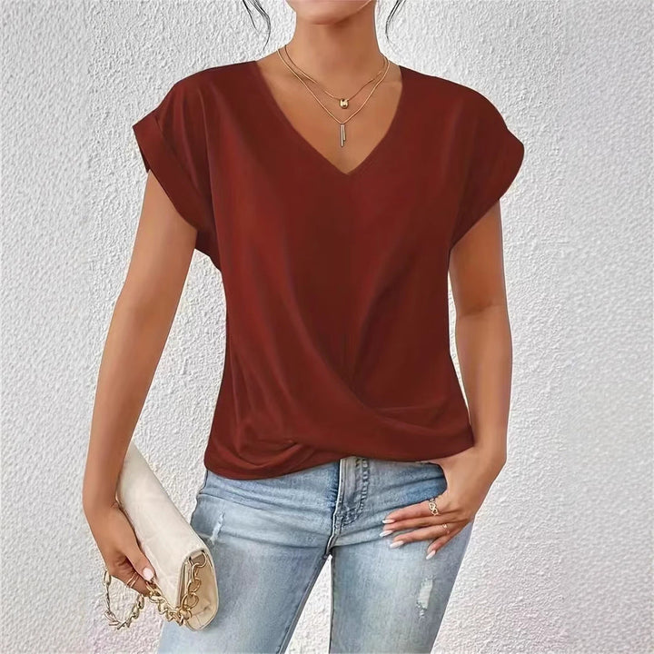 Damen elegante V-Ausschnitt Bluse mit lässiger Drapierung Drune