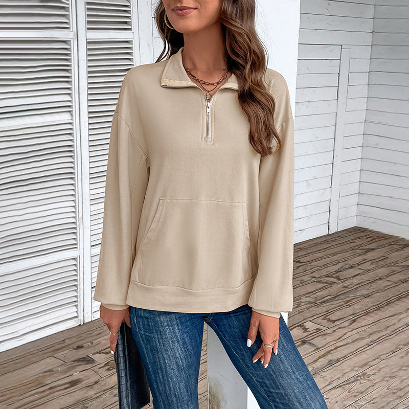 Damen Leichtes Halbzip-Sweatshirt im Relaxed-Fit mit Kängurutasche und Stehkragen Drune