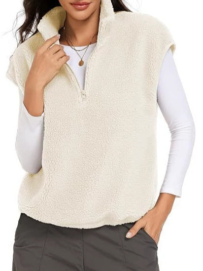 Damen Ärmellose Teddy-Fleece-Weste mit halbem Reißverschluss und Stehkragen Drune