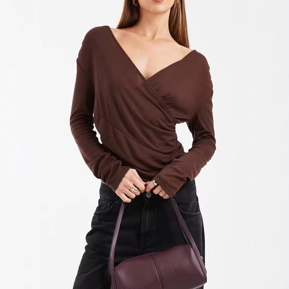 Damen Figurbetontes Wickelshirt mit V-Ausschnitt und Raffung Drune