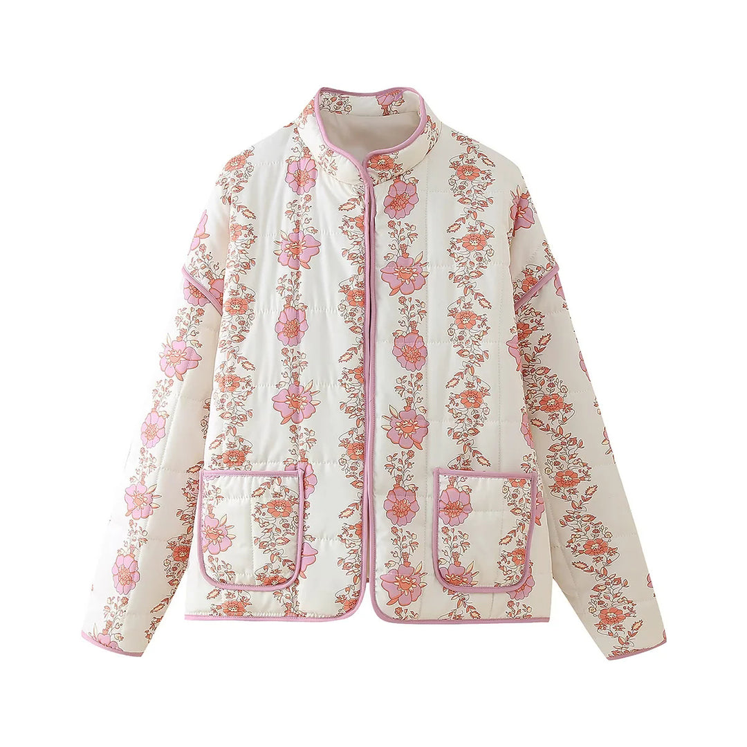 Damen nan gesteppte Blumenjacke mit Stehkragen Reißverschluss und aufgesetzten Taschen Drune