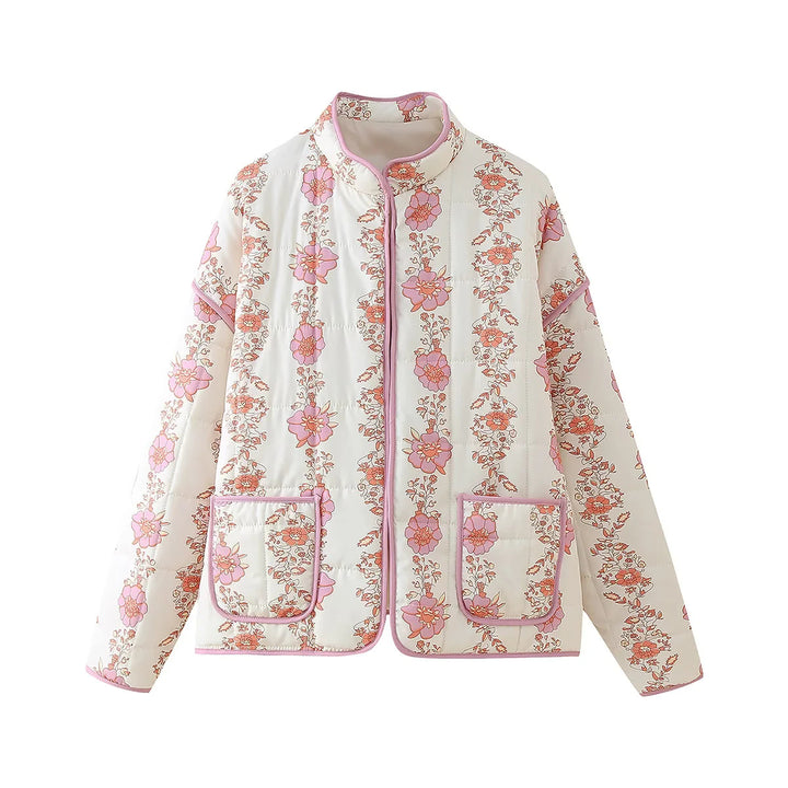 Damen nan gesteppte Blumenjacke mit Stehkragen Reißverschluss und aufgesetzten Taschen Drune