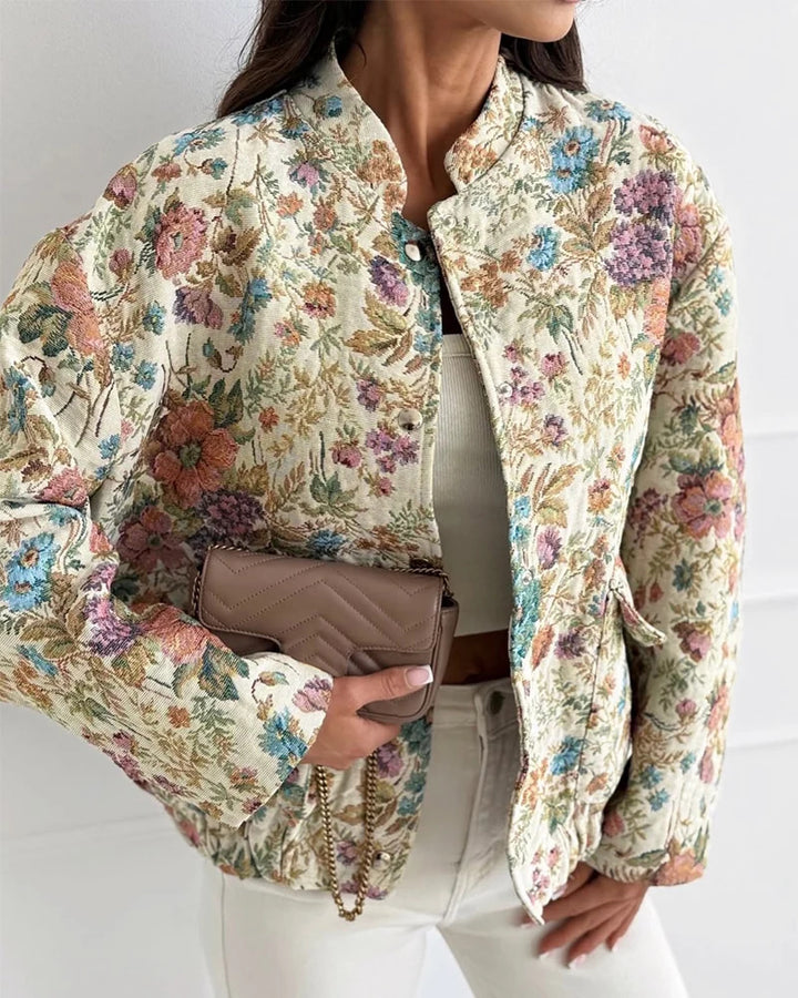 Damen Florale Jacquard-Steppjacke mit Stehkragen und elastischem Saum Drune