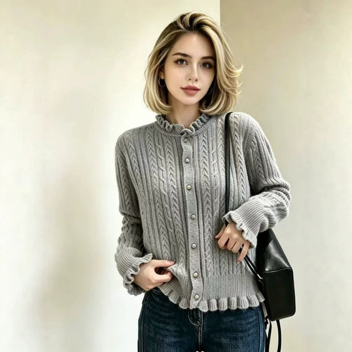 Damen Elegante Strickjacke mit Rüschendetails Drune
