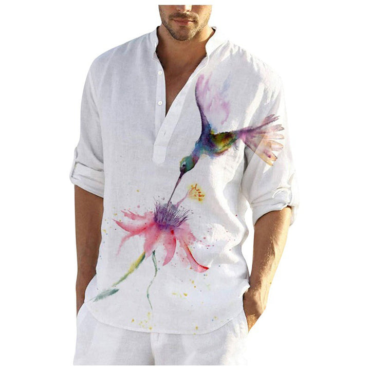 Herren Leinenhemd mit einzigartigem Federdesign und modischem Henley-Ausschnitt Drune
