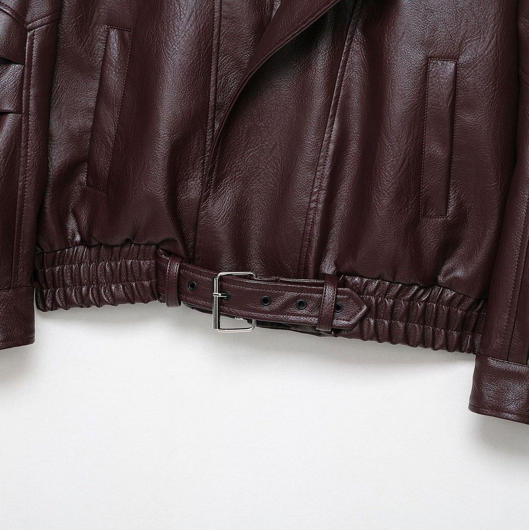 Damen modische Kunstlederjacke mit elegantem Schnitt und verstellbarem Taillengürtel Drune